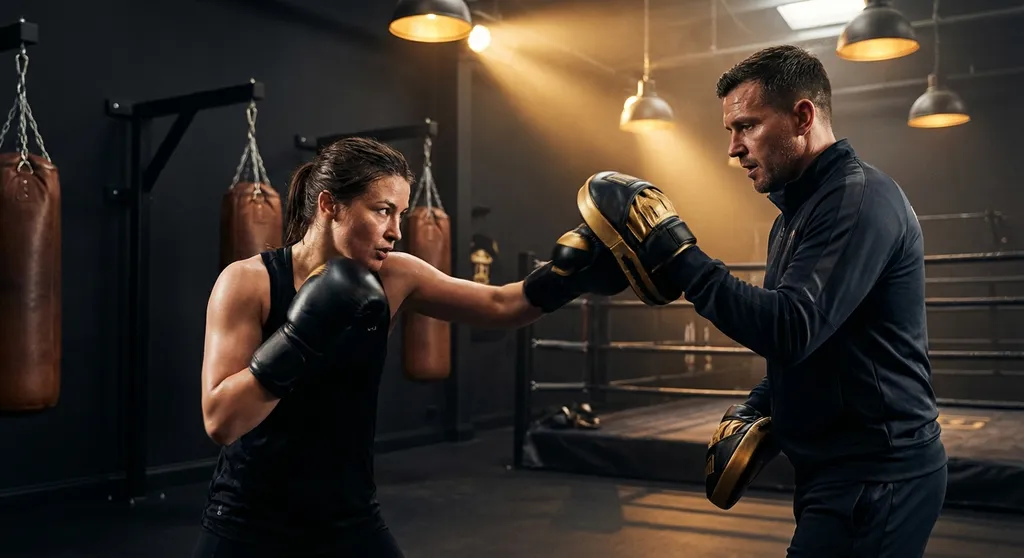 Boxer working pads with a coach in a professional boxing gym - combining boxing with running training