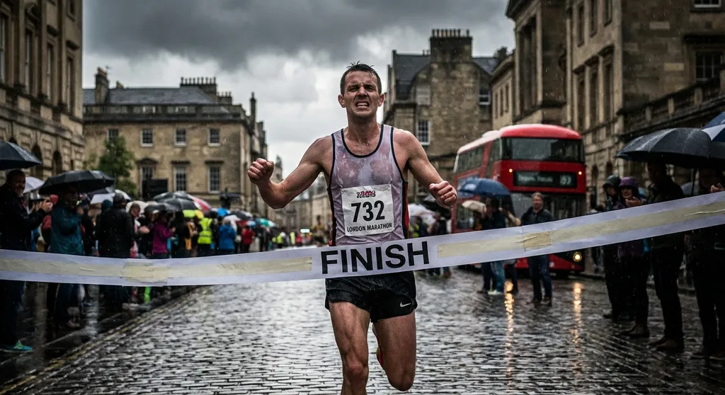 London marathon runner crossing the finish line with strong upright form - built through cross training