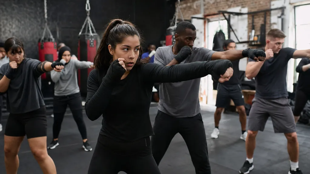 Young adult students practising stance and jab technique in a beginner boxing class