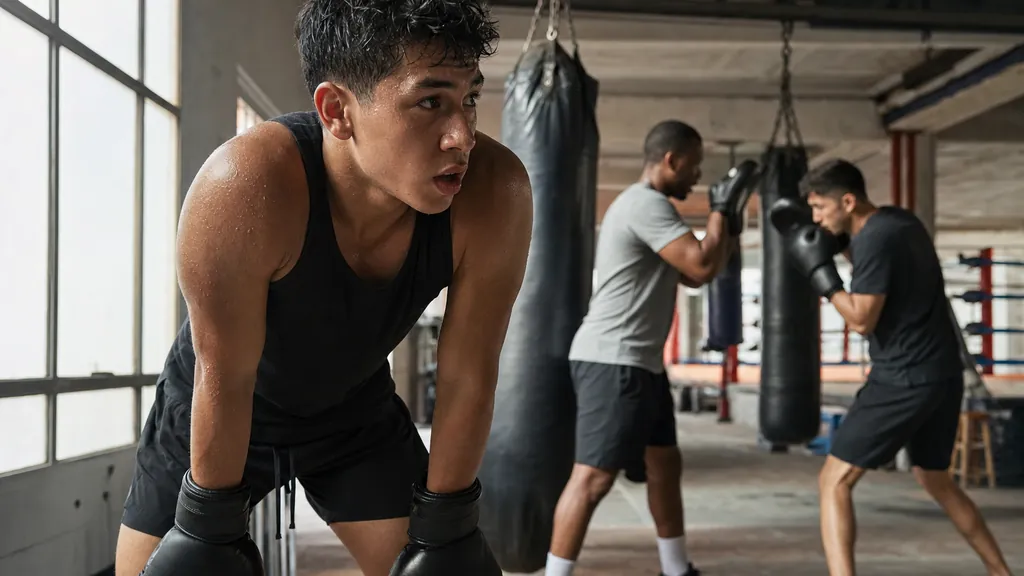 Young adult student recovering between conditioning rounds in a community boxing gym
