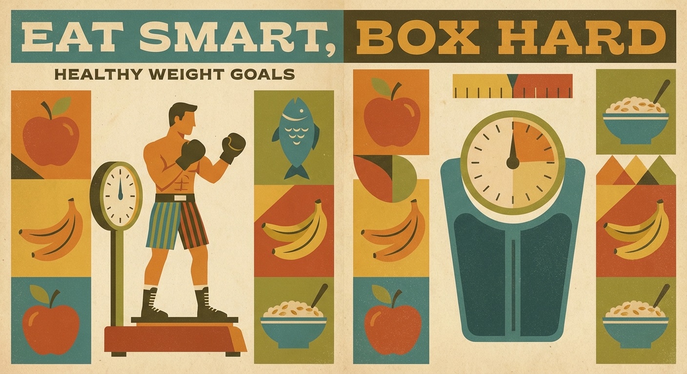 Boxer on scale with healthy food items in mid-century modern illustration style
