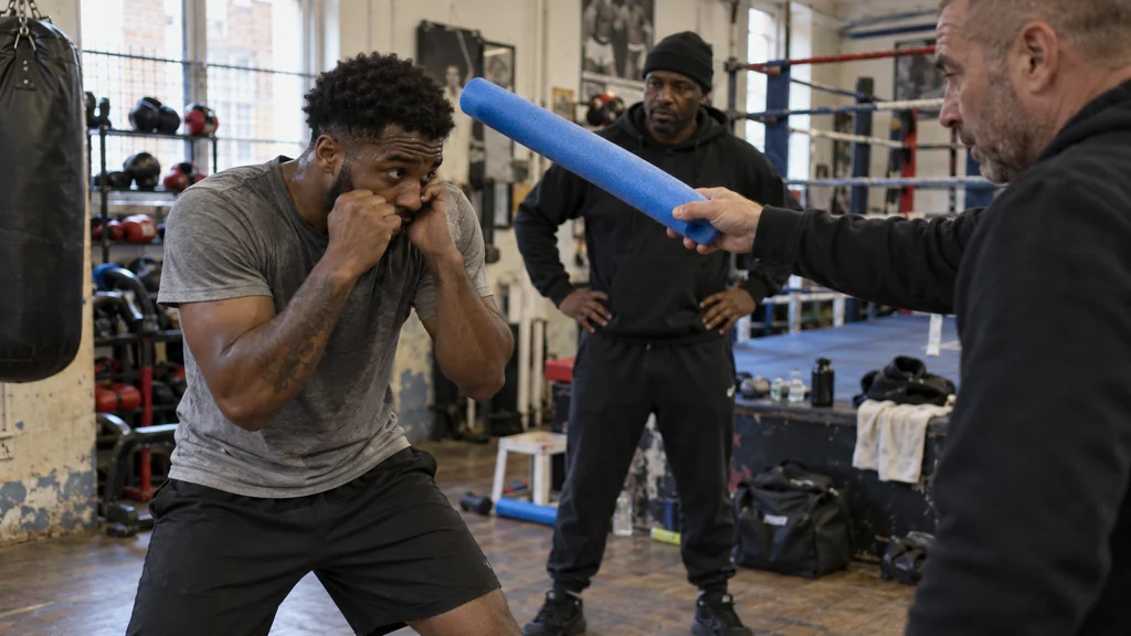Adult boxer checking a compact forearm-and-glove guard in a community boxing gym