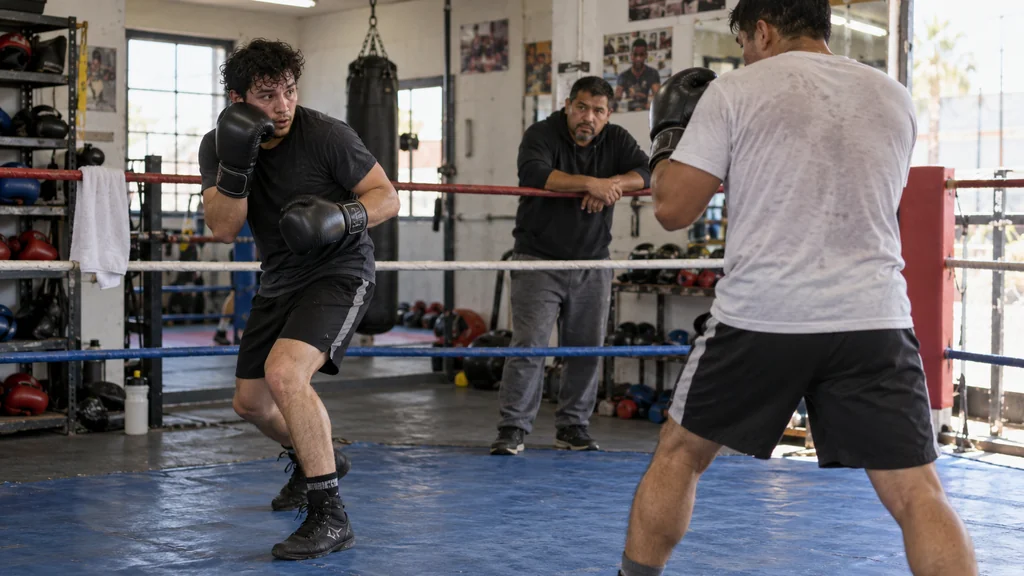 Two adult boxers in a coach-supervised community-gym technical round