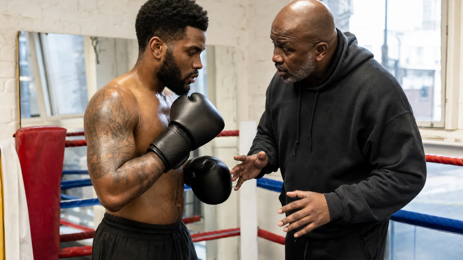 Coach and boxer reviewing a reliable go-to combination between pad rounds