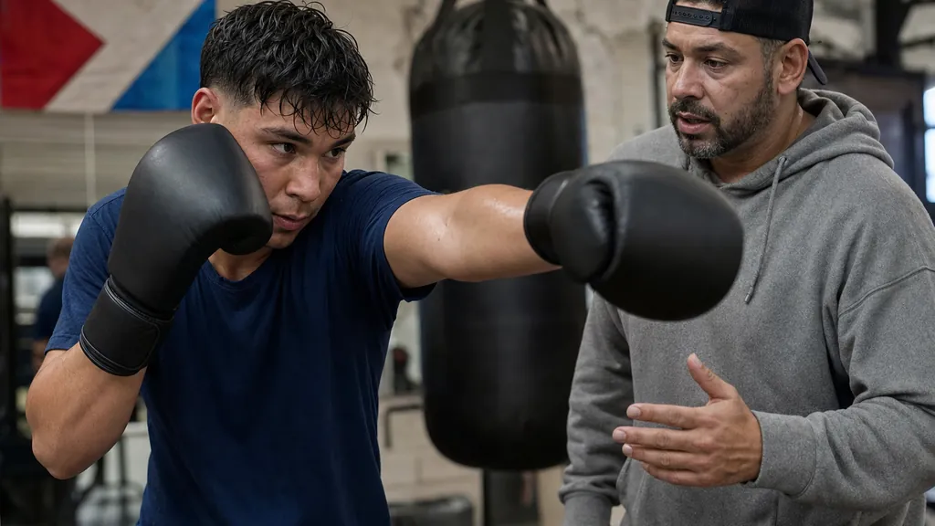 Adult boxer holding a balanced guard while a coach checks hand spacing