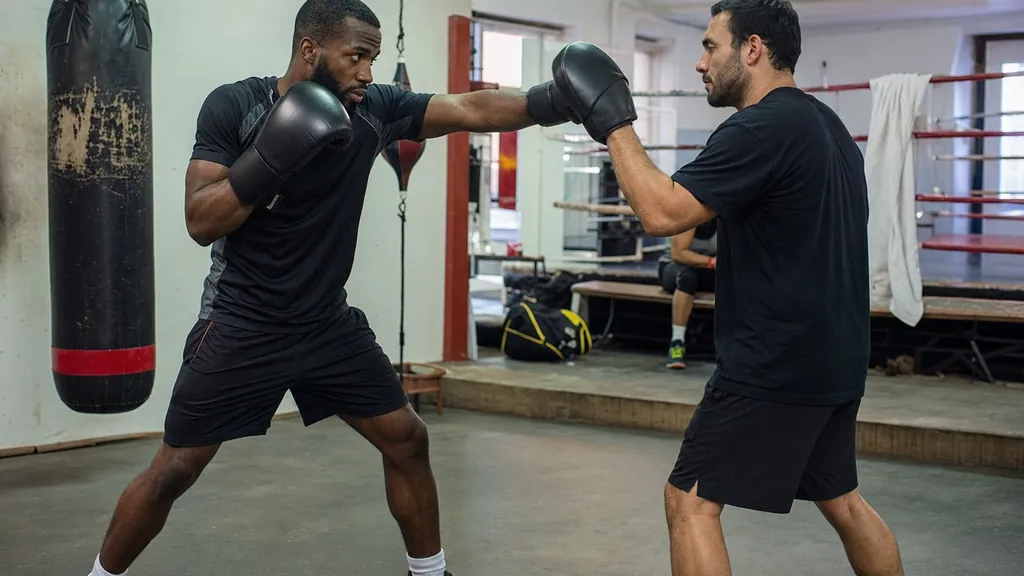 Adult boxer practising a jab while the coach watches the non-punching hand stay organised