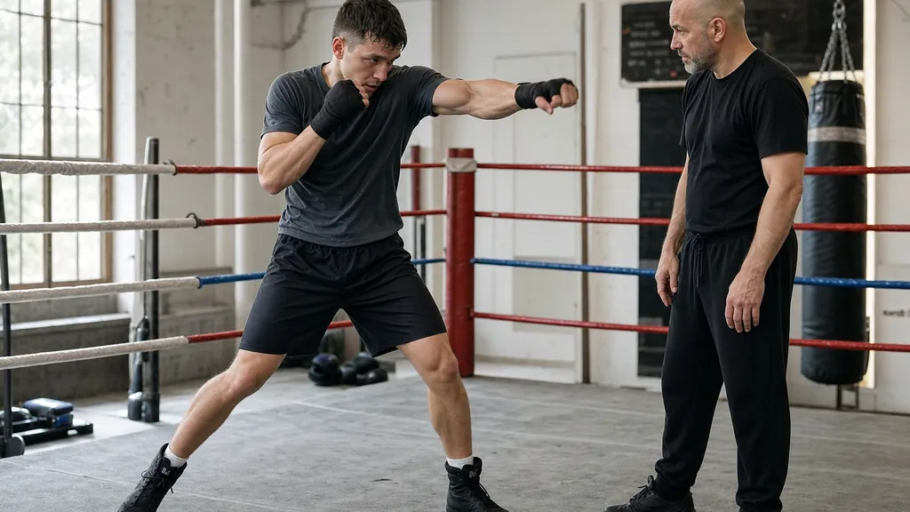 Two adult boxers doing a controlled partner drill to test guard spacing and straight-punch lanes