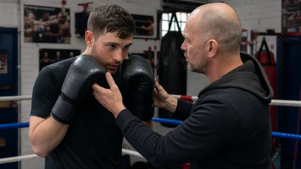 Coach correcting an adult boxer's guard spacing during a stance drill in a community boxing gym