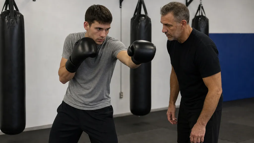 Adult boxer holding a corrected guard while a coach checks shoulder and glove position