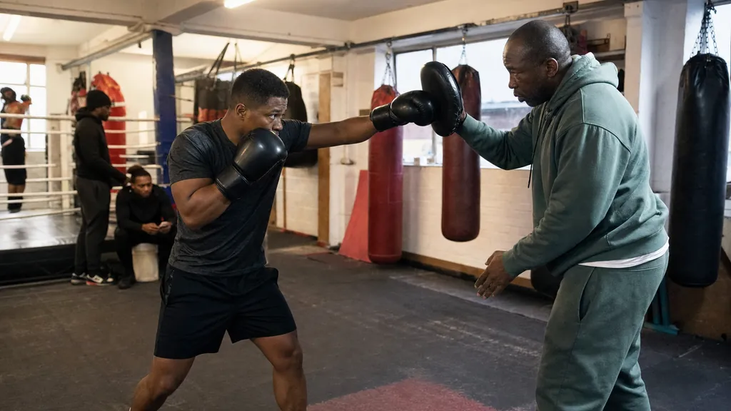 Adult recreational boxer using light pad work to test fist position and guard recovery