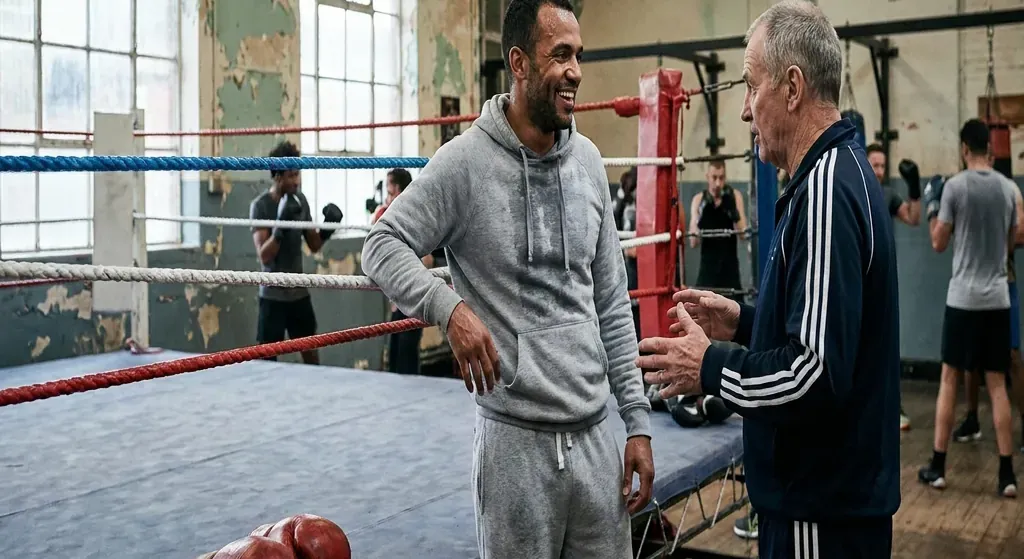 Boxing beginner receiving calm feedback after coordination drills