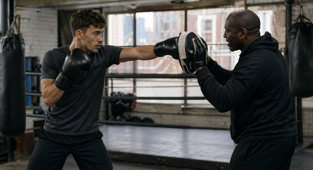 Young adult boxer working pads with a coach in a boxing gym