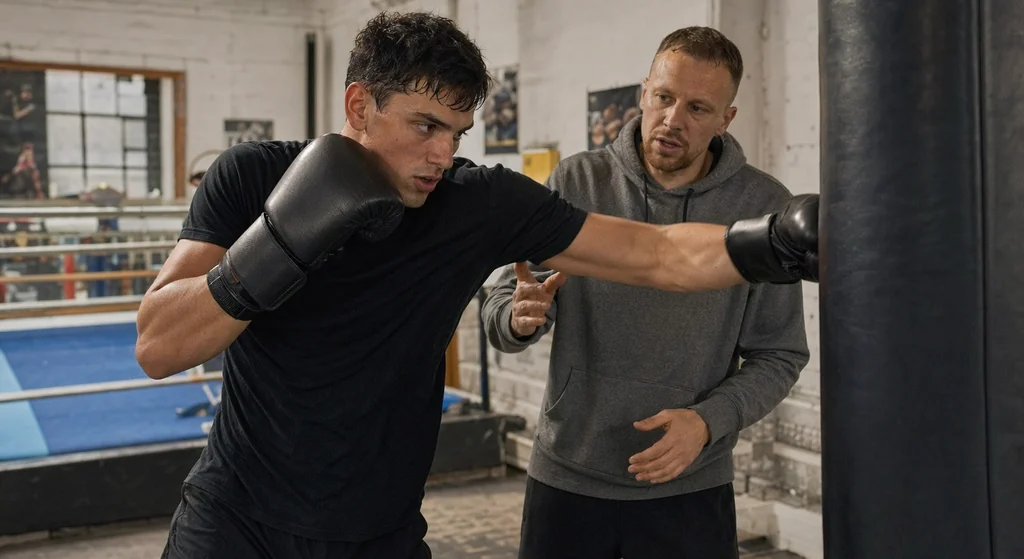 Young adult doing controlled bag work while a coach watches