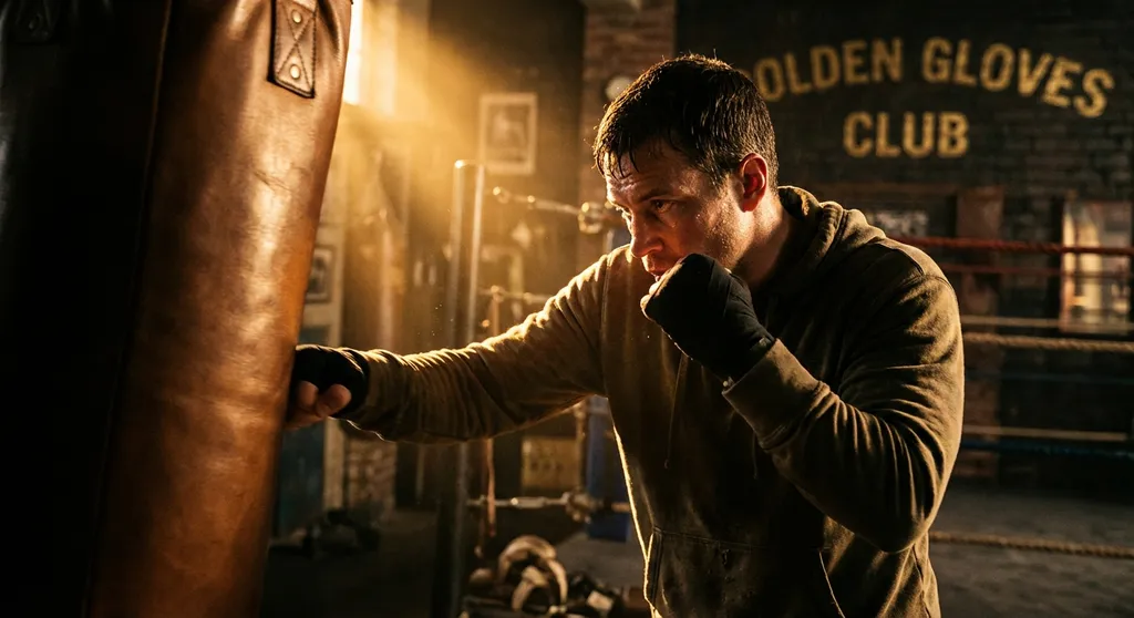 Boxer hitting heavy bag in training session at Honour and Glory gym in Kidbrooke Greenwich