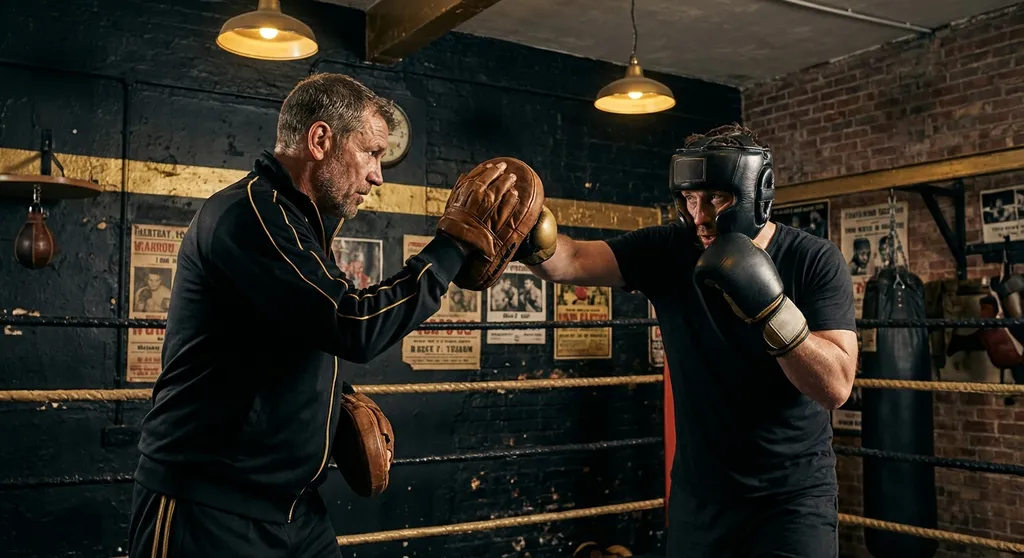 Trainer working pads with recreational adult boxer at Honour and Glory boxing club Greenwich