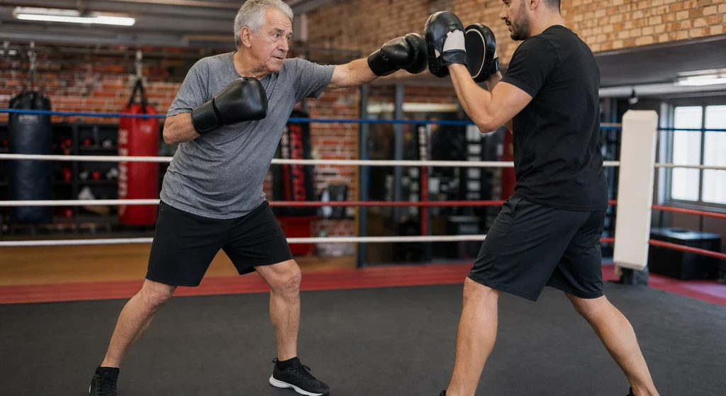 Older adult boxer working the heavy bag with controlled technique