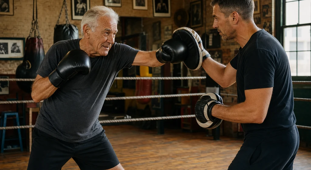 Boxing coach holding pads for an older adult student during a technical session