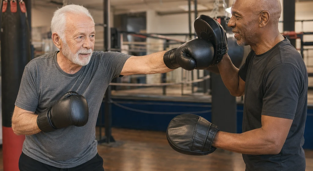 Older adult boxer training carefully on pads with a coach