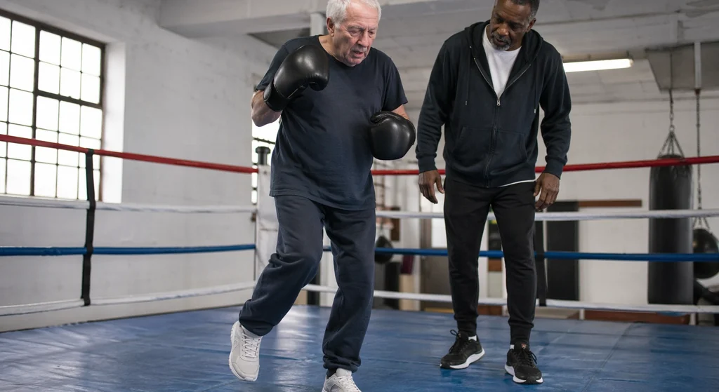 Older adult practising controlled boxing footwork with a coach
