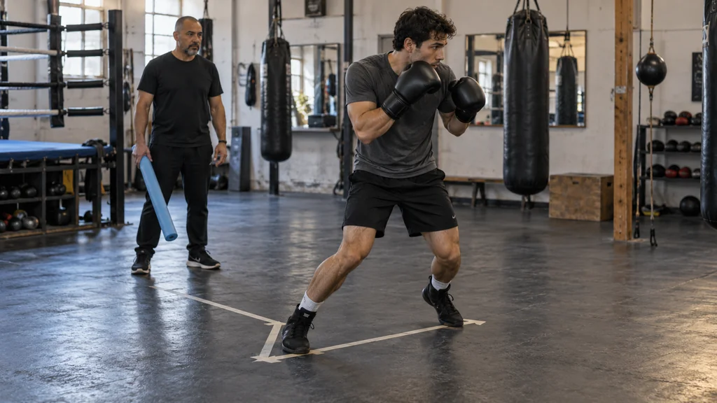 Adult boxer beginning a controlled L-step on taped floor markers while a coach observes from a safe distance