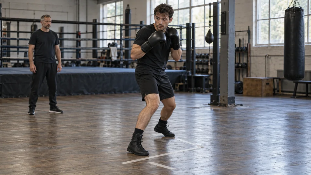 Adult recreational boxer completing an L-step on a taped angled floor line while staying balanced and guarded