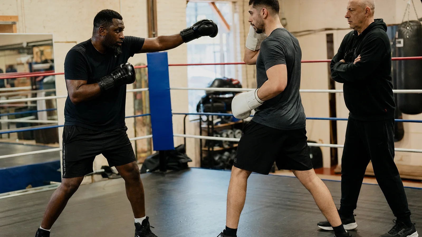 Two adult recreational boxers practising a calm controlled partner drill while a coach watches