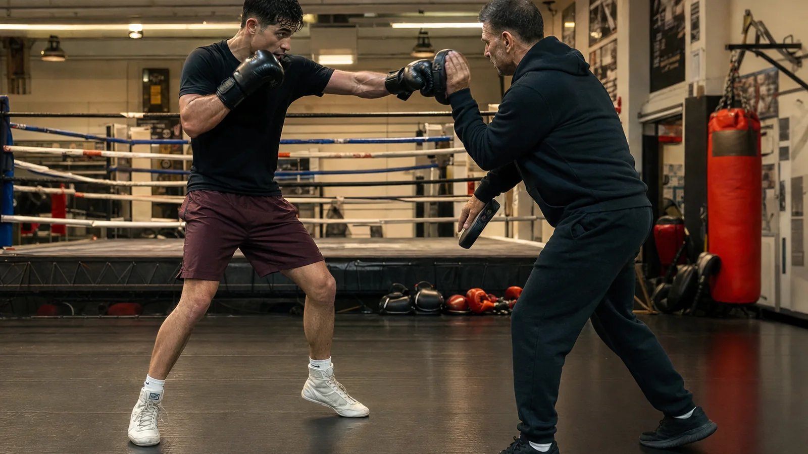 Coach checking an adult boxer's stance and planted feet during a jab-cross drill