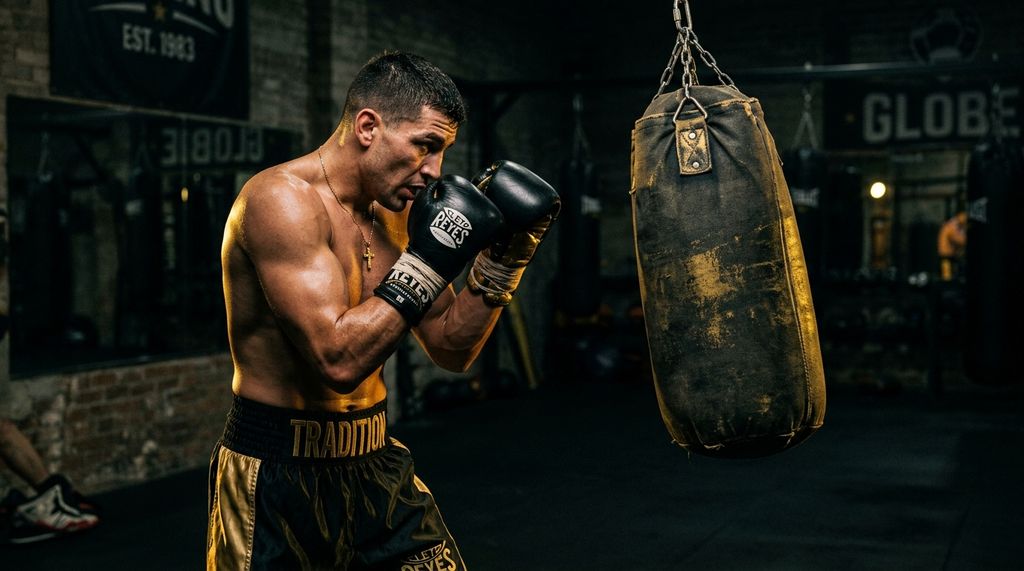 Boxer in boxing stance facing a hanging maize bag in a dark boxing gym with dramatic black and gold lighting