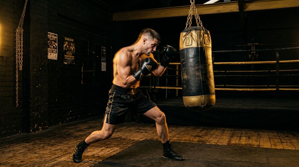 Boxer performing a defensive slip movement next to a swinging maize bag in a dramatic gold-lit boxing gym