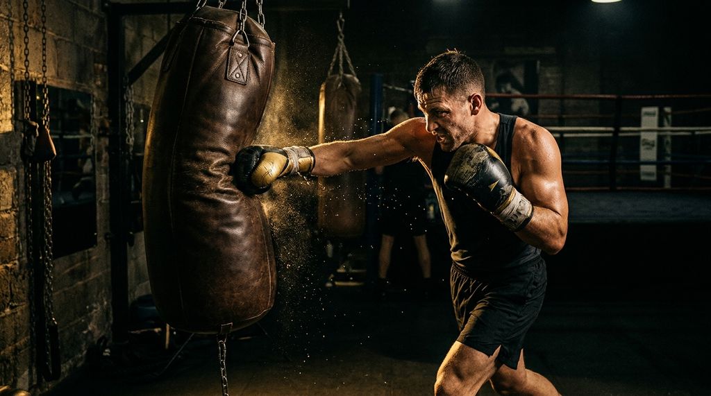 Boxer throwing a compact hook at a maize bag in a professional boxing gym, dramatic black and gold gym lighting, close-range technique