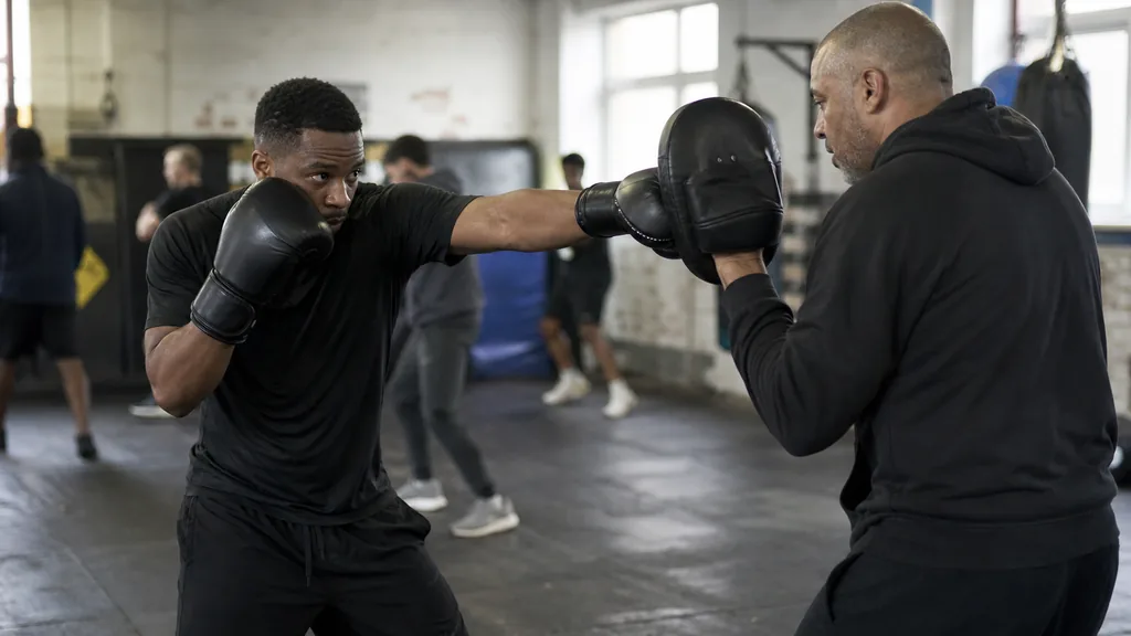 Adult recreational boxer landing one controlled straight punch on a focus mitt while keeping the other glove close to the cheek