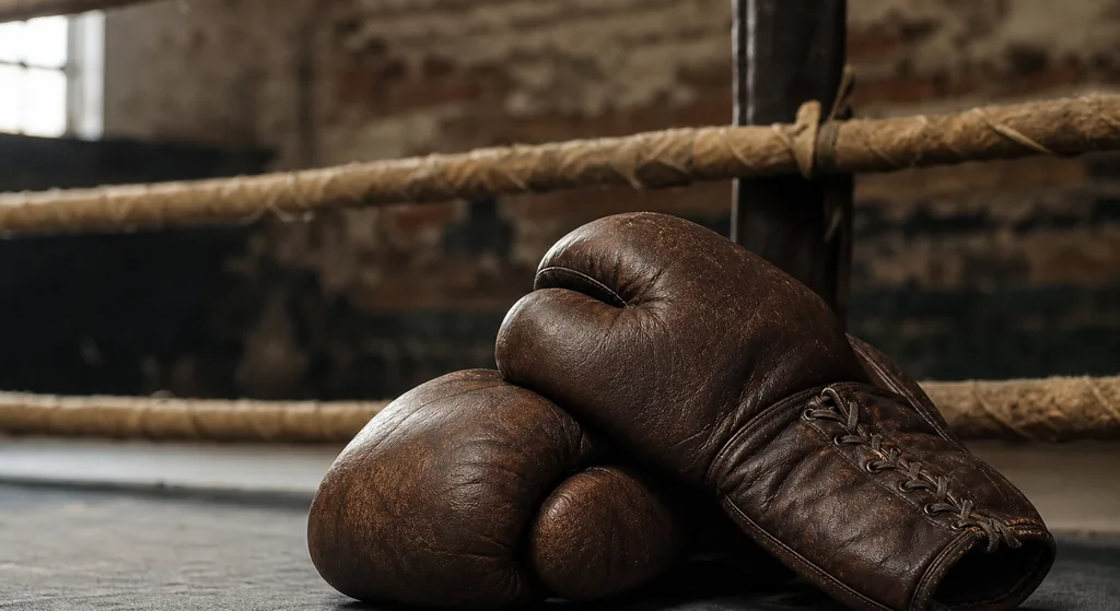 Old boxing gloves beside the ring ropes in a traditional gym