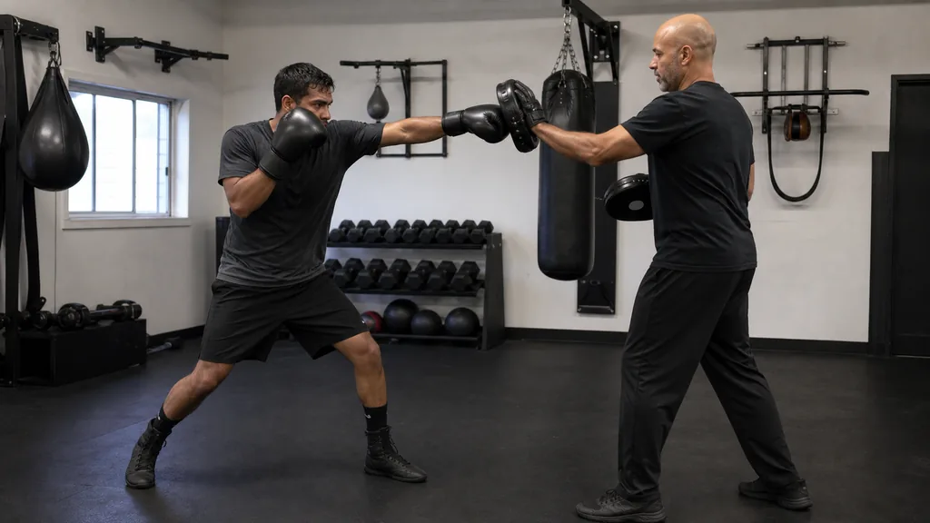 Anonymous adult boxer stepping in with a disciplined jab while a coach holds focus mitts in a community boxing gym
