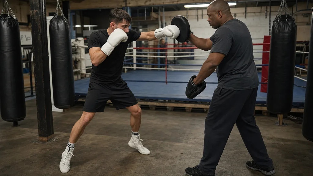 Adult boxer in a balanced stance before delivering a rear cross during a controlled one-two pad drill