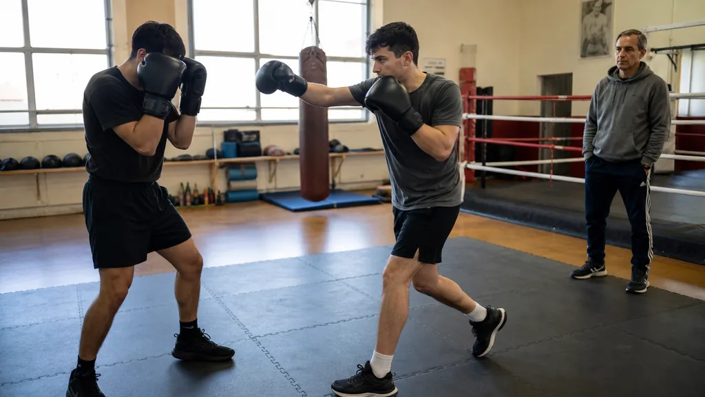 Two adult boxers rehearsing a slow one-two entry and reset with a coach supervising their distance