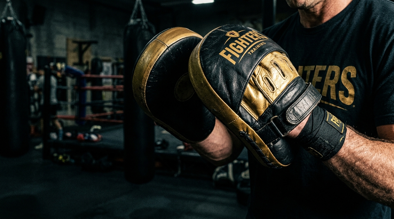A close-up of focus mitts held up in a dark boxing gym