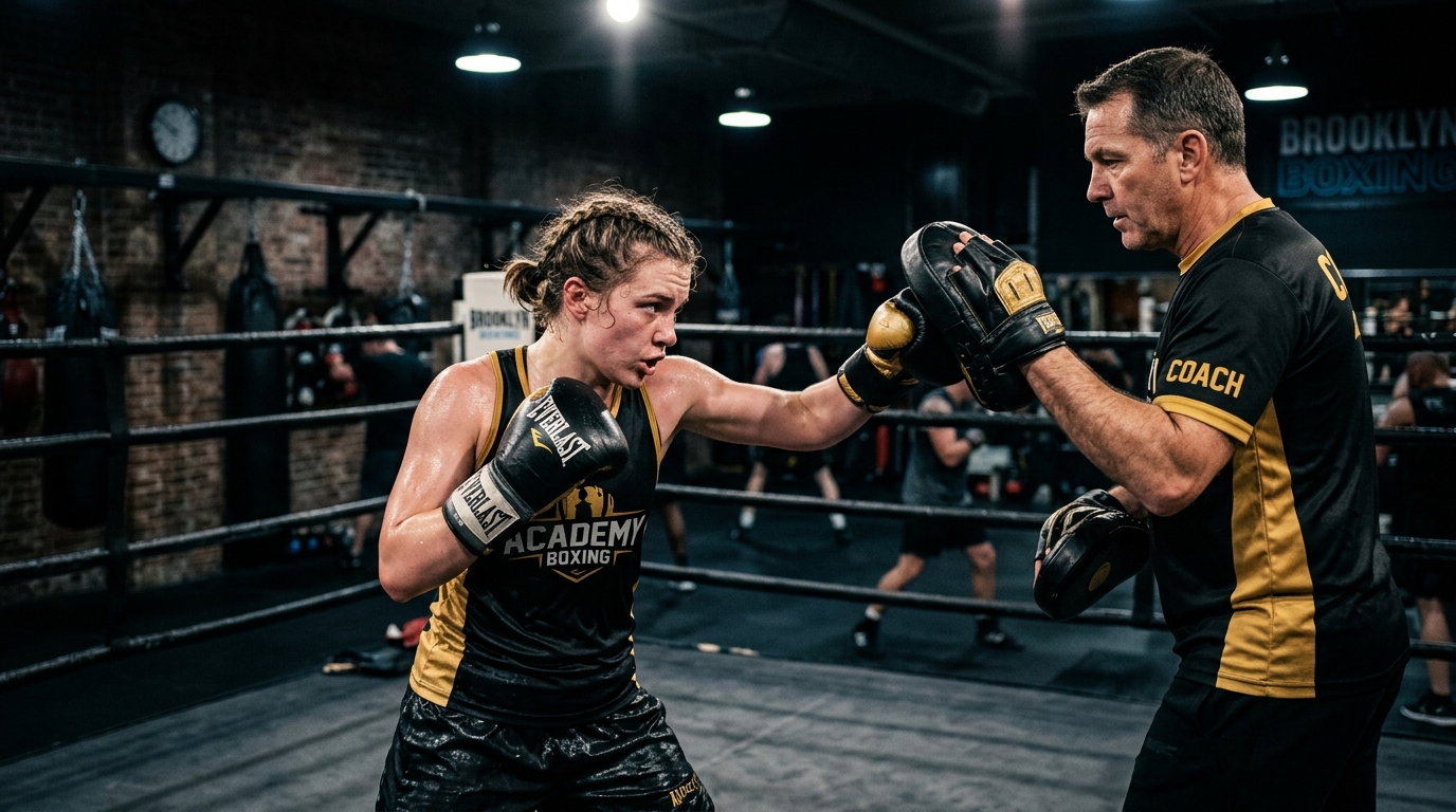 A beginner boxer throwing combinations at a coach's focus mitts in a dark boxing gym