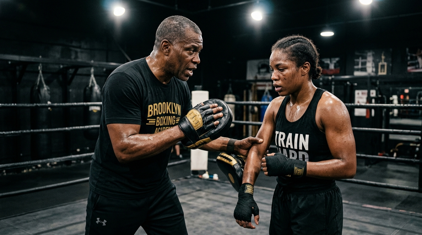 A boxing coach giving instruction to a boxer after a pad work session in a dark gym