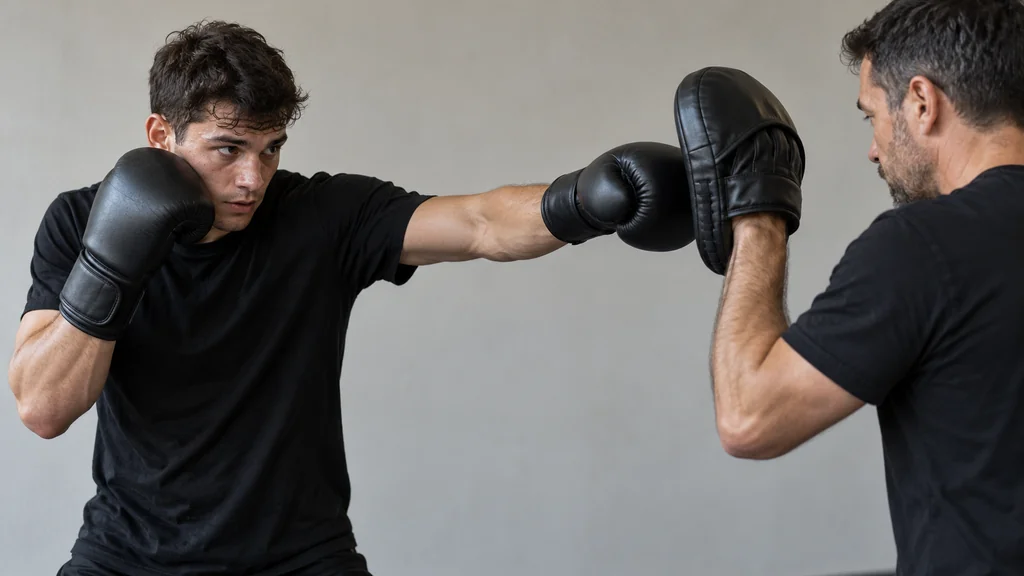 Anonymous adult boxer landing a compact guarded jab on a plain focus mitt during a controlled coaching cue