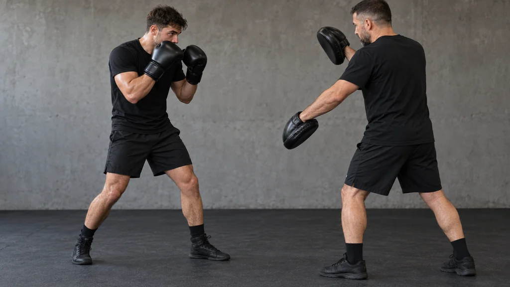 Anonymous adult boxer in a compact orthodox stance watching a coach present plain focus mitts during a controlled coaching cue