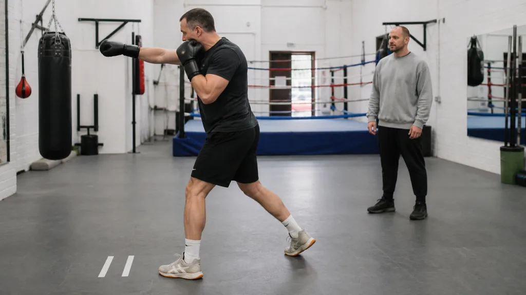 Adult recreational boxer practising a slow jab-and-pivot footwork drill beside tape markers while a coach watches in a boxing gym