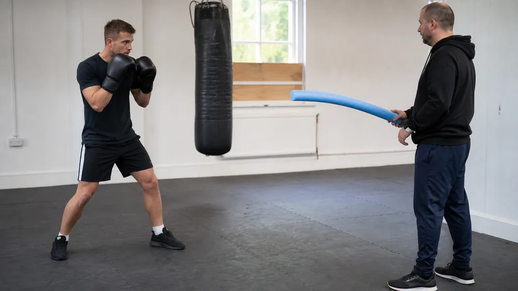 Adult recreational boxer in a balanced guard after a small pivot while a coach gives a distant foam-noodle cue in a bright community gym
