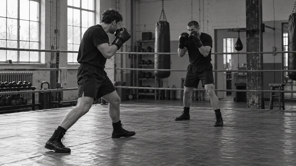 Two adult boxers holding compact guards at long range during a controlled positioning drill in a community boxing gym
