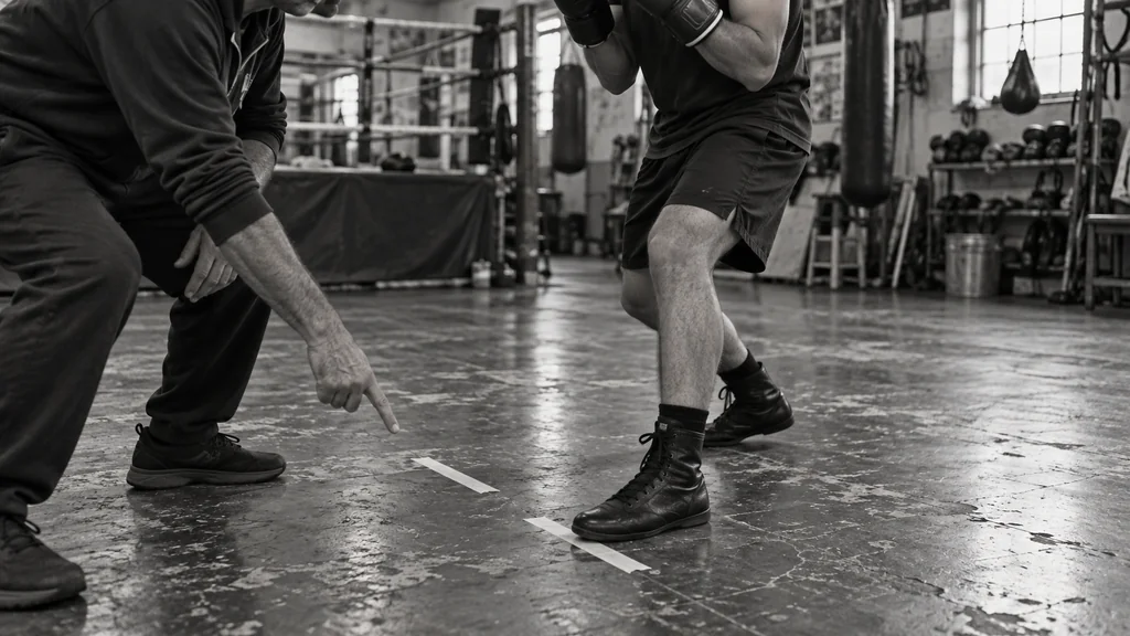 Coach pointing to taped floor markers while an adult boxer practises balanced stance and ring position in a community boxing gym