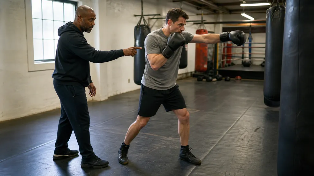 Coach checking an adult beginner keeps the back long and guard organised during a slow boxing drill