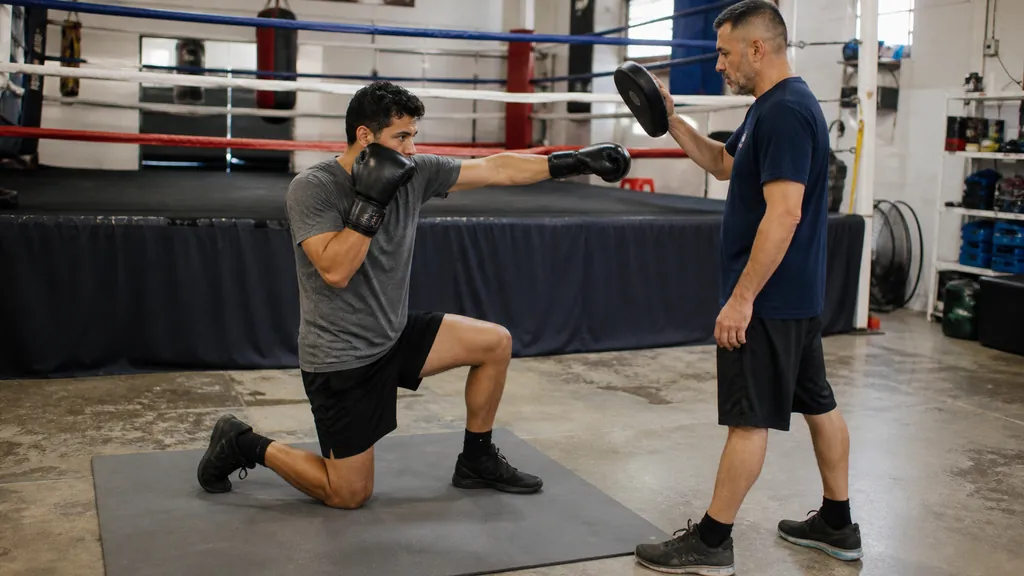 Adult boxer using a half-kneeling technical drill to rehearse an upright straight punch to a focus mitt