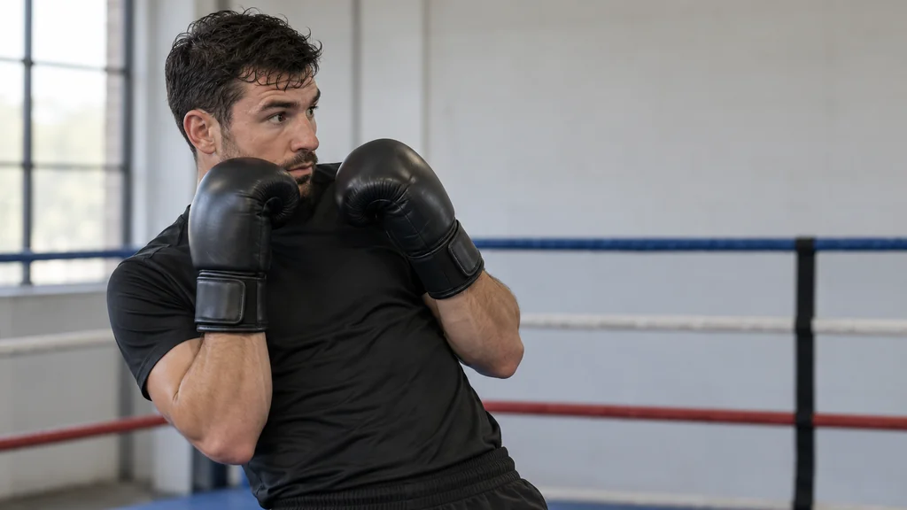 Adult boxer holding a compact pull-defence posture with chin tucked and both gloves close to guard in a community boxing gym
