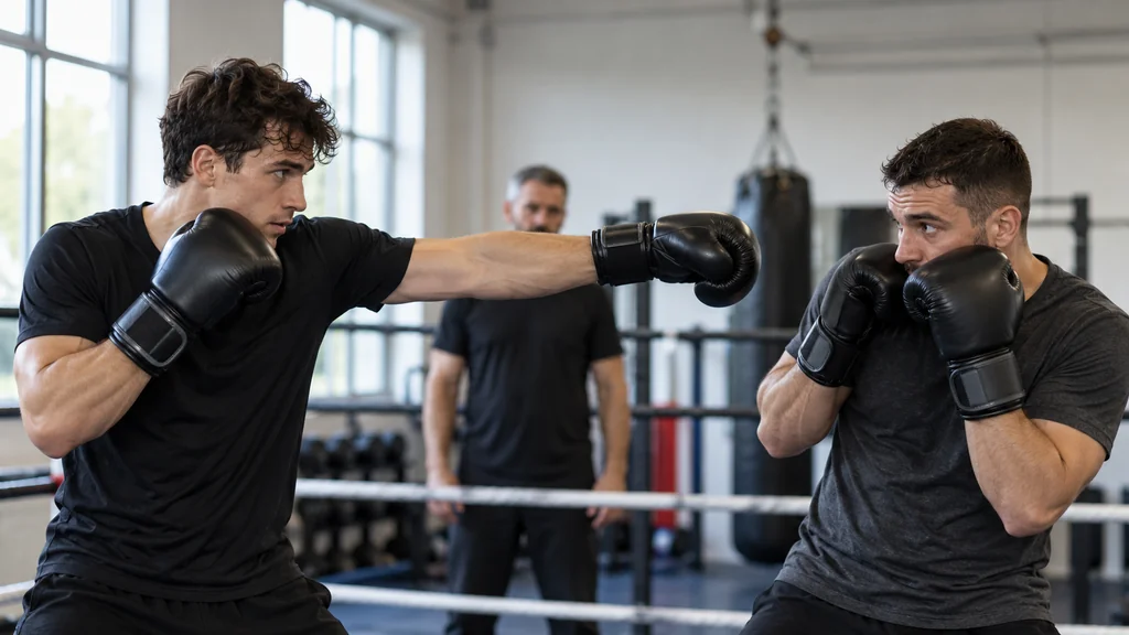 Two adult boxers practising a supervised non-contact jab-and-pull decision drill in a community boxing gym