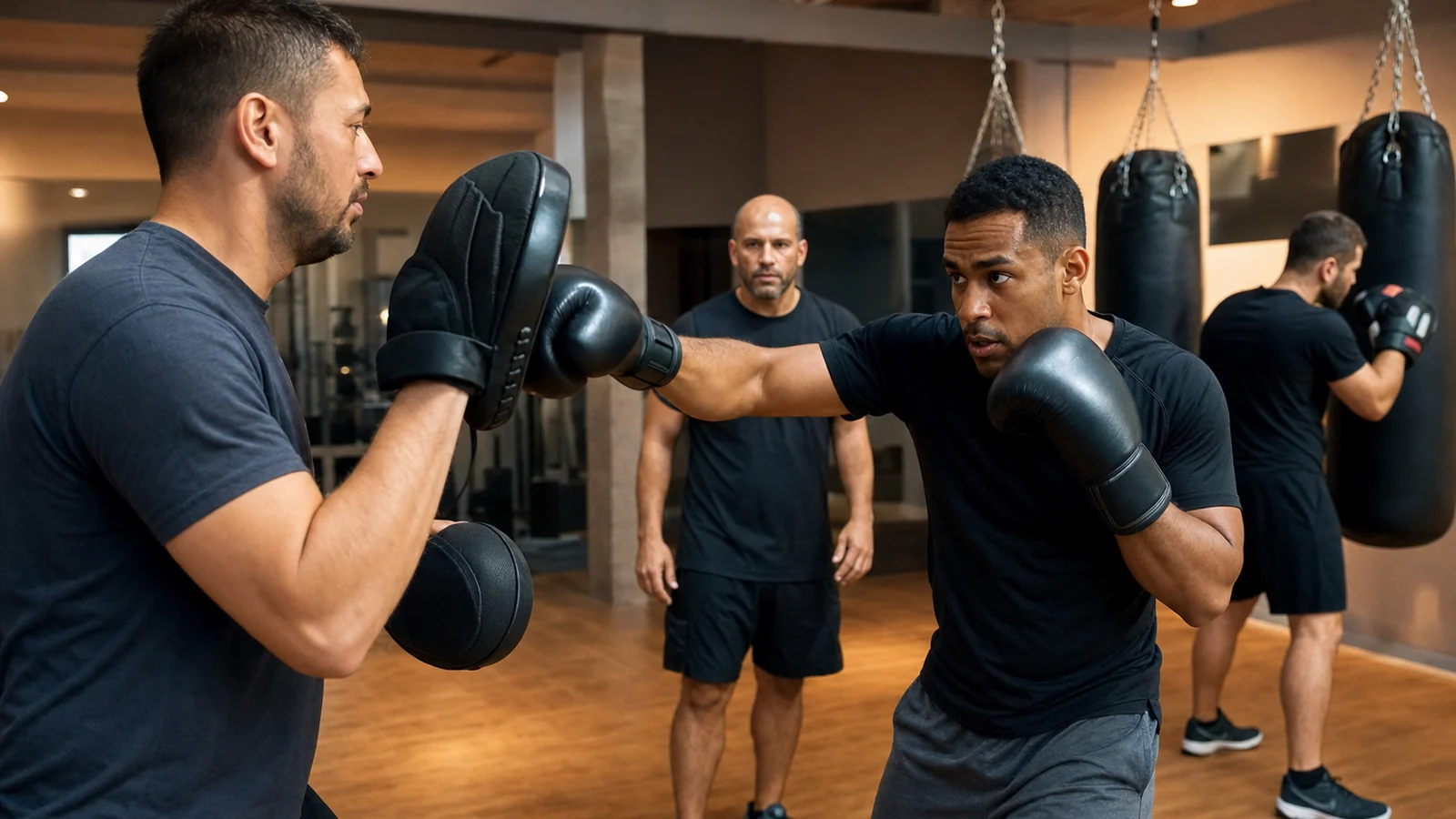 Adult boxer practising numbered combinations on the heavy bag with a coach watching
