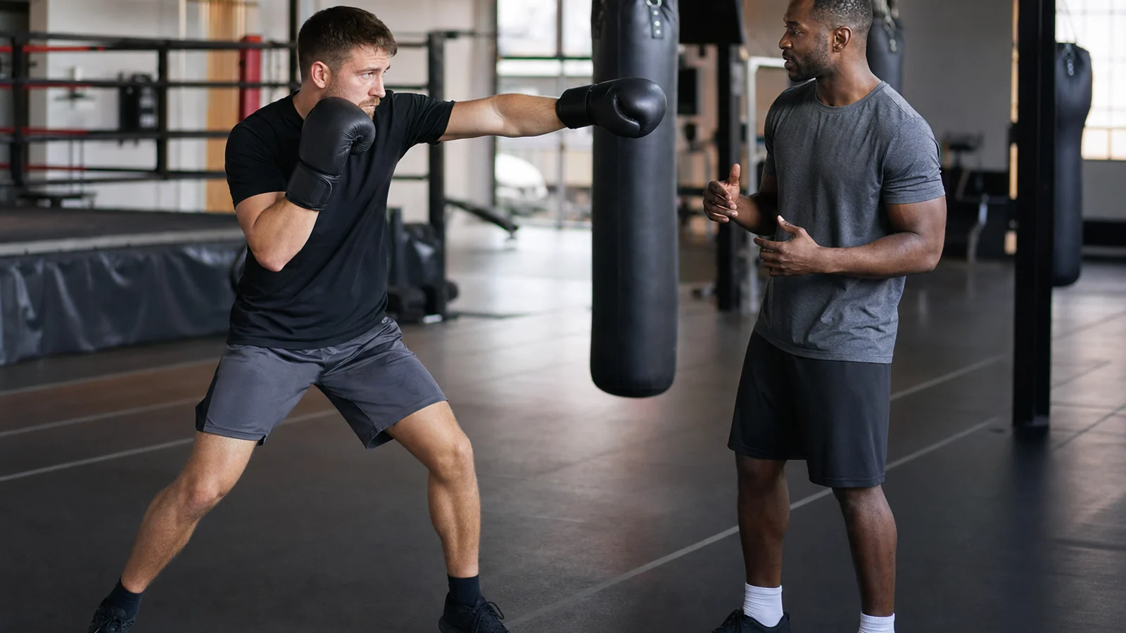 Adult beginner boxer shadow boxing a short combination and resetting guard in front of a coach